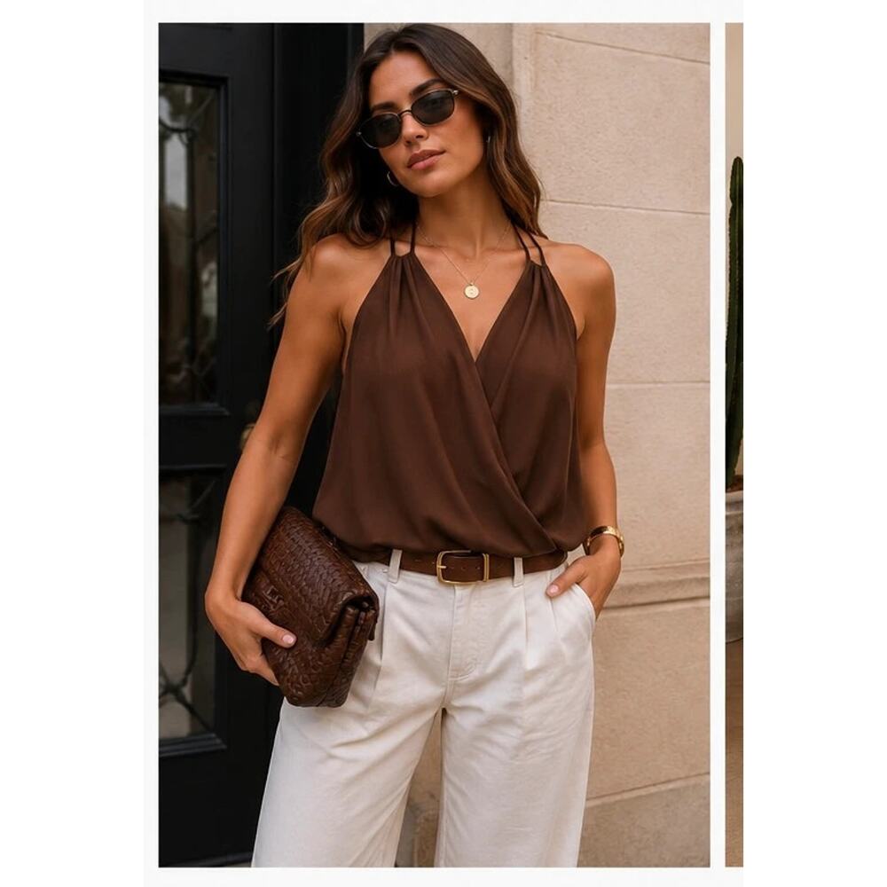 Boutique Brown Draped Tank Top Halter Flowy Sleeveless Blouse Size L - Picture 2 of 5